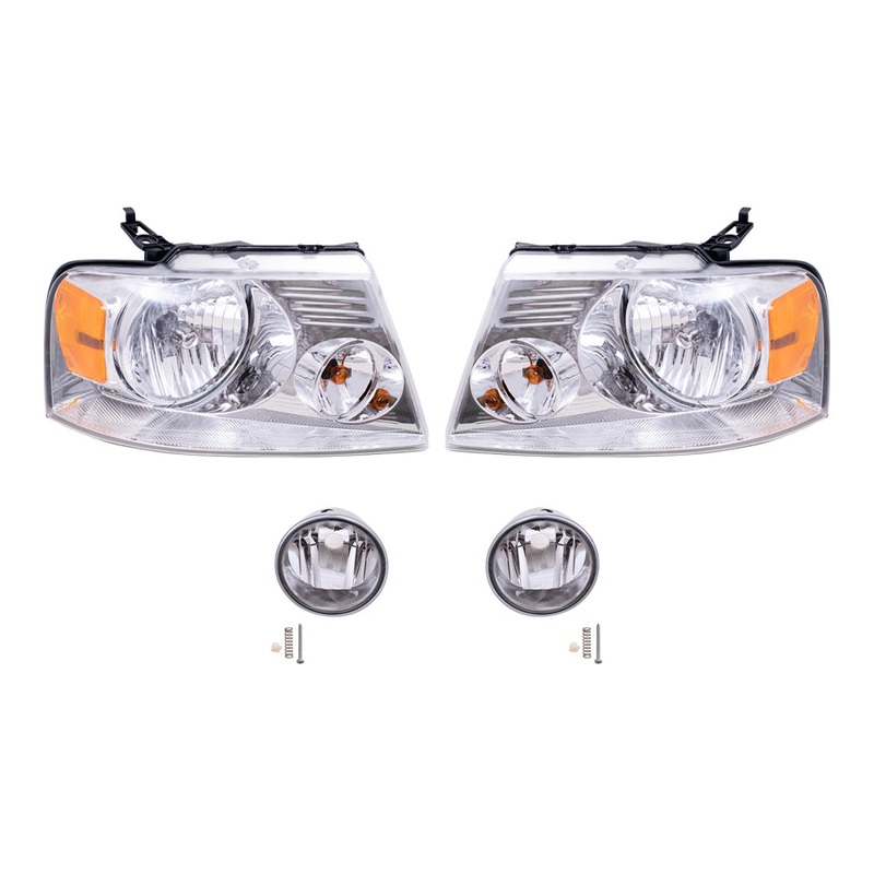 Brock Aftermarket Replacement Driver Left Passenger Right Headlights with Chrome Bezel and Round Fog Lights 4 Piece Set Compatible with 2006-2008 Ford F-150