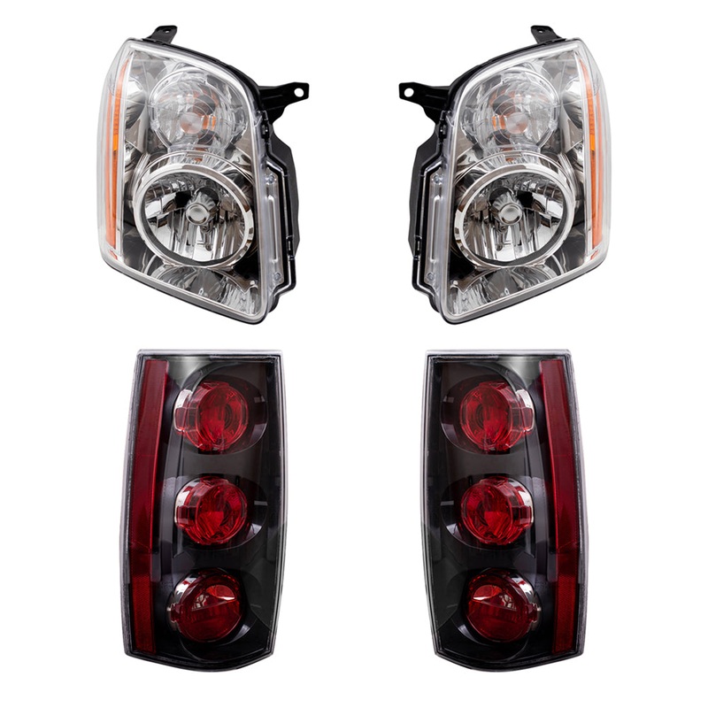 Brock Replacement Driver and Passenger Halogen Combination Headlight Assemblies and Tail Light Assemblies with Black Housing 4 Piece Set Compatible with 2007-2014 GMC Yukon