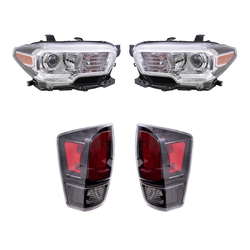 Brock Replacement Driver and Passenger Side Headlights with Fog Lights without LED Daytime Running Lights and Tail Lights with Black Bezel 4 Piece Set Compatible with 2020-2023 Tacoma